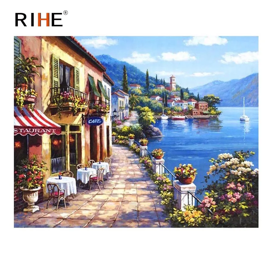 

RIHE Seaside Town Diy Painting By Numbers Abstract Shop Oil Painting On Canvas Cuadros Decoracion Acrylic Flower Wall Picture