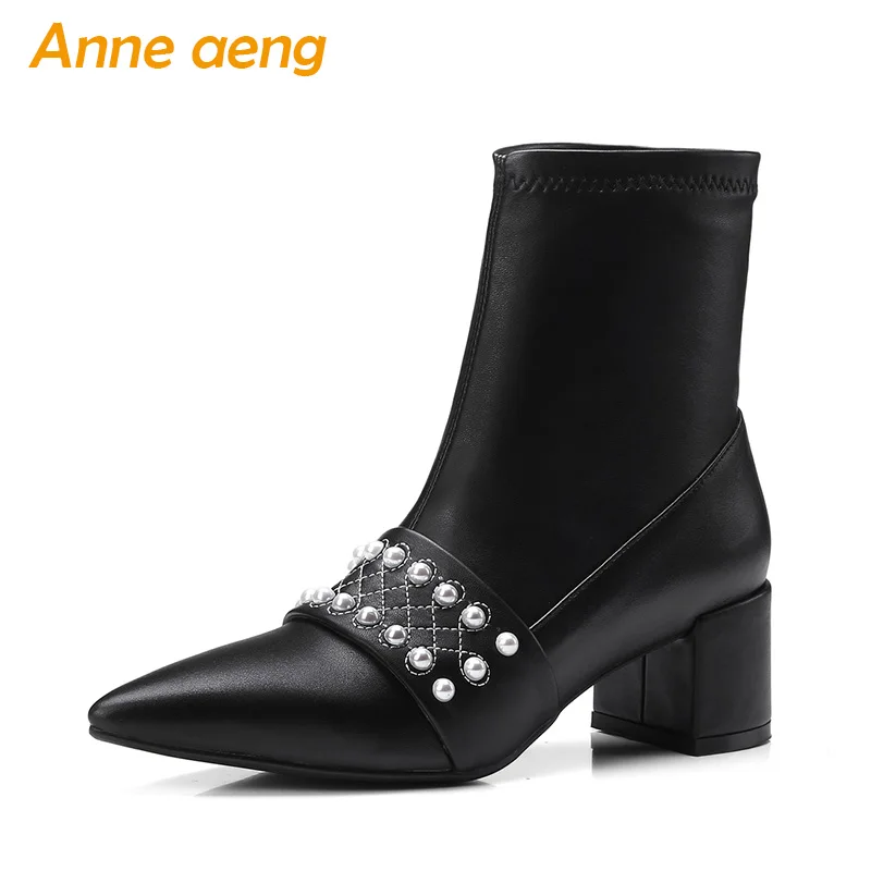 

2019 New Genuine Leather Women Ankle Boots Middle Heel Pointed Toe Pearl Sexy Ladies Elastic Boots Black Women Cow Leather Shoes