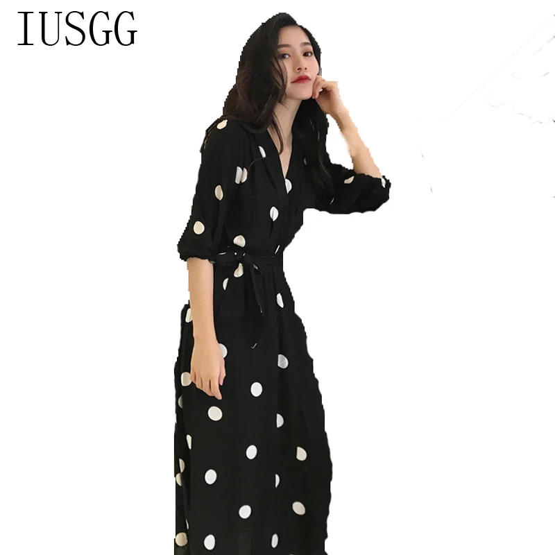 

Toppies Trendy 2019 Spring Dress Polka Dots Chiffon Dress Maxi Boho Long A-line Dress High Waist Pleated Elegant Dress Black Dot