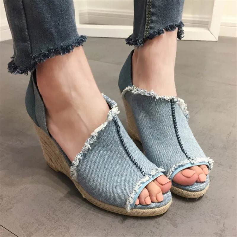 womens denim wedge sandals