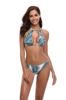 

2019 European and American new printed bikini hanging neck split swimsuit