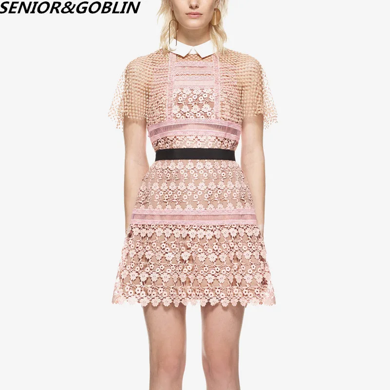 

2019 High Quality Summer Runway Self Portrait Dresses Elegant Hollow Out Patchwork Fashion Short Mini Pink Dress