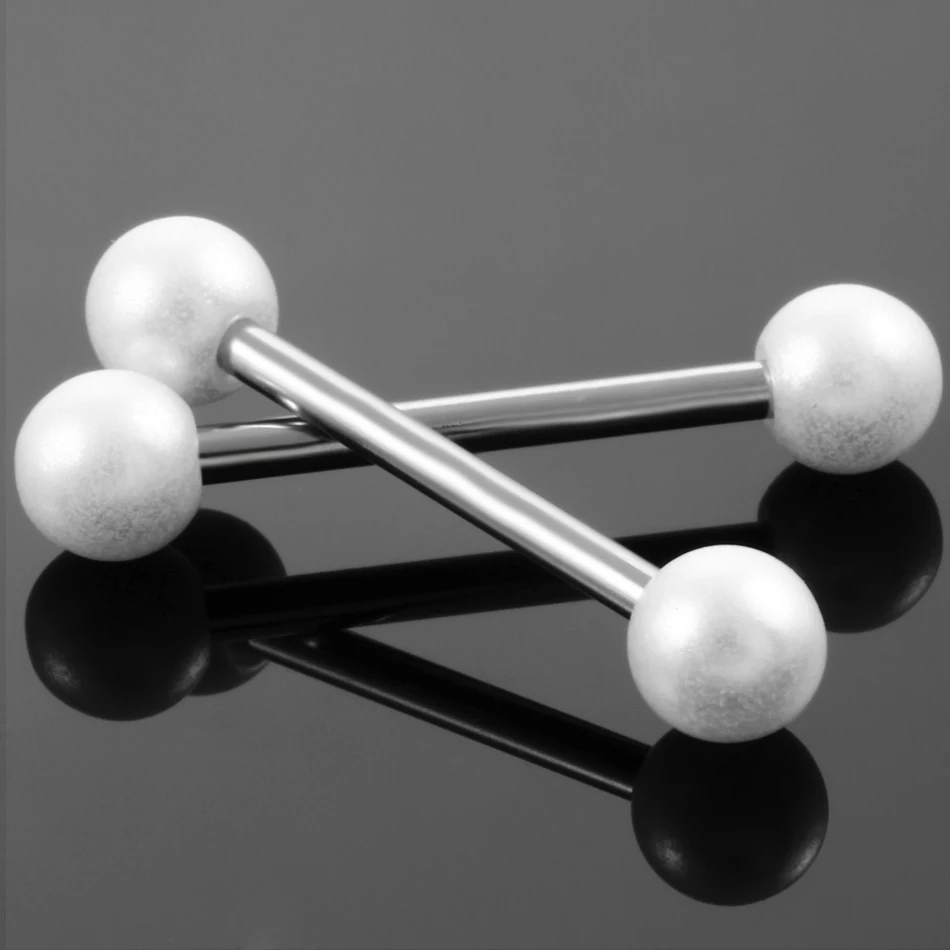 1PC Steel with White Faux Pearl Ball Tongue Barbell Ring Nipple Barbell Piercing Ear Tragus Barbell Piercing Fashion Jewelry 14G
