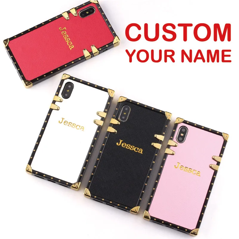  Leather Trunk Case Stamping Emboss Gold Personalized Custom Name Phone Case For iPhone 11 Pro 6S XS