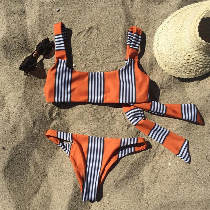 Women Lady Swimwear Sexy Bandage Bikini Sets Striped Push Up Padded Bra Bathing Suit Swimsuit