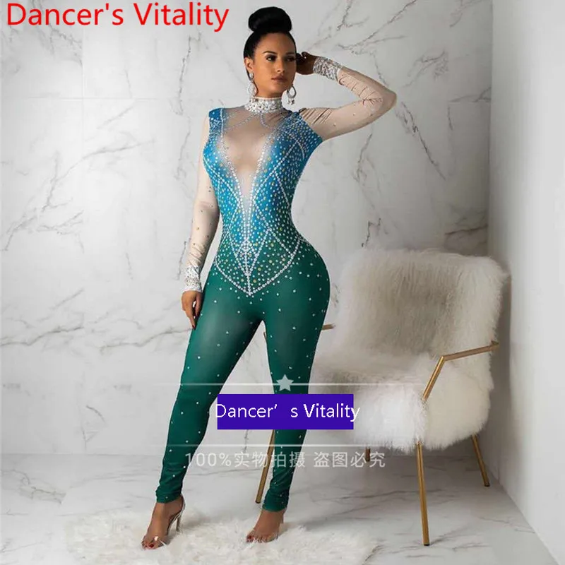 

Singer DJ DS Yoga Acrobatics Pole Dance Wear Rhinestone False Perspective Stretch Long Catsuit Women Performance Outfits Garment