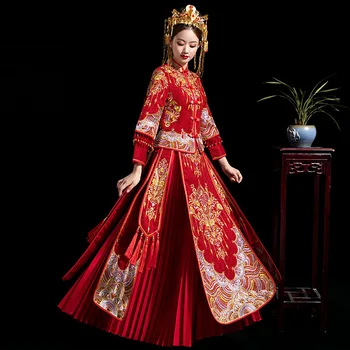 

Plus Size 3XL Bride Embroidery Cheongsam Vintage Chinese Style Wedding Dress Lady Phoenix Gown Marriage Qipao Red Clothes