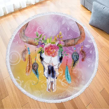 

Summer Bohemian watercolour bull's skull Printing Round Beach Towel Microfiber Tassel Tapestry Plush Yoga Mat Picnic Outdoor Pad