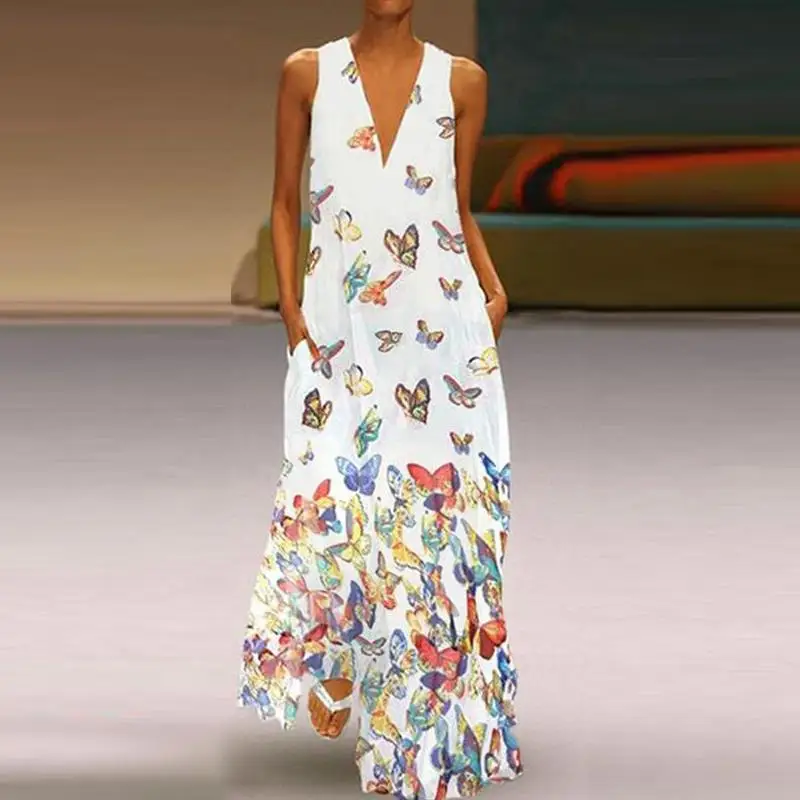 

Litthing 5XL Butterfly Print Long Dress Women Summer Loose Pocket Beach Maxi Dress Bohemian Sexy V Neck Dress Femme Plus Size