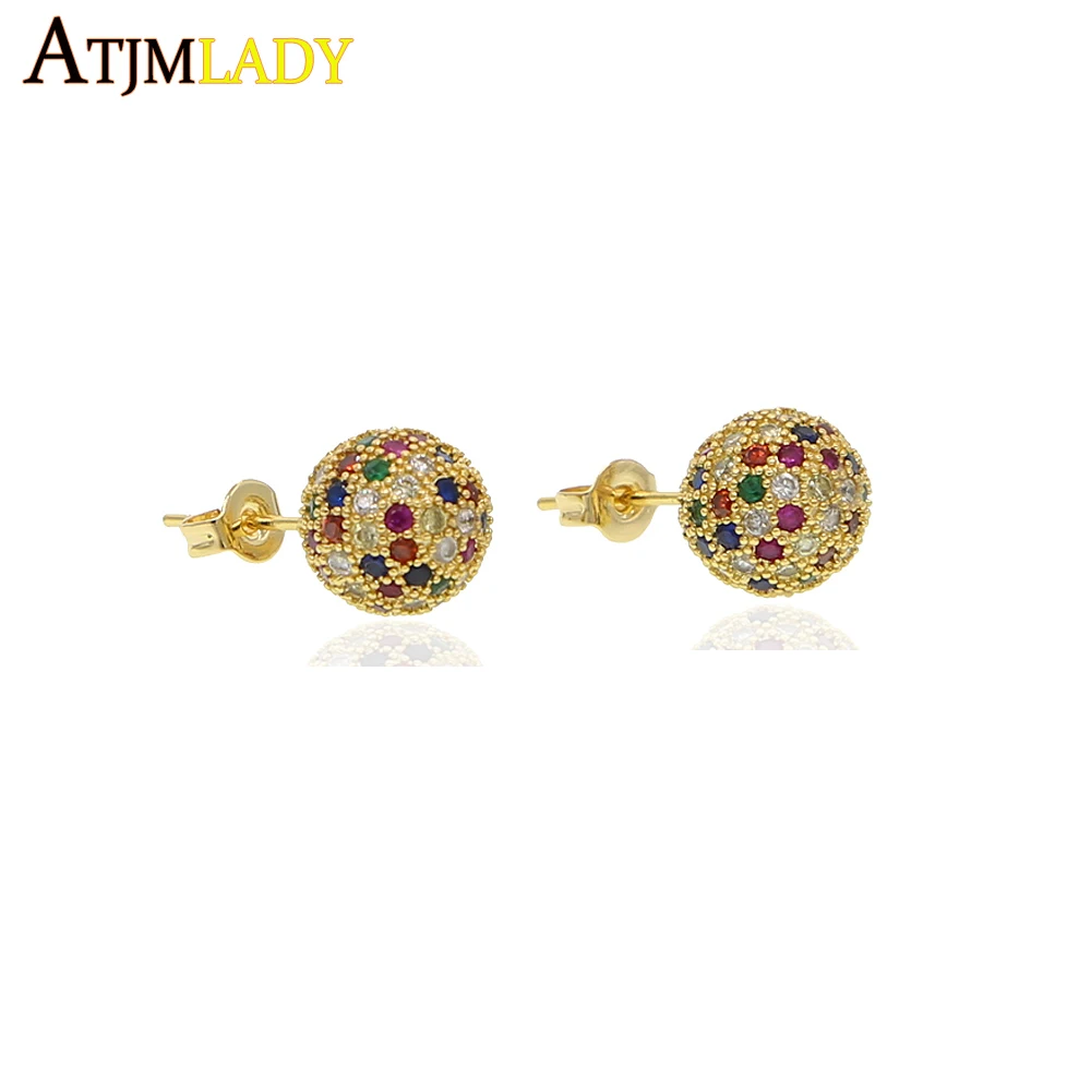 Серебряный цвет медный разноцветный кубический цирконий круглый диско шарик из кубического диоксида циркония серьги гвоздики женские вечерние модные радужные ювелирные изделия