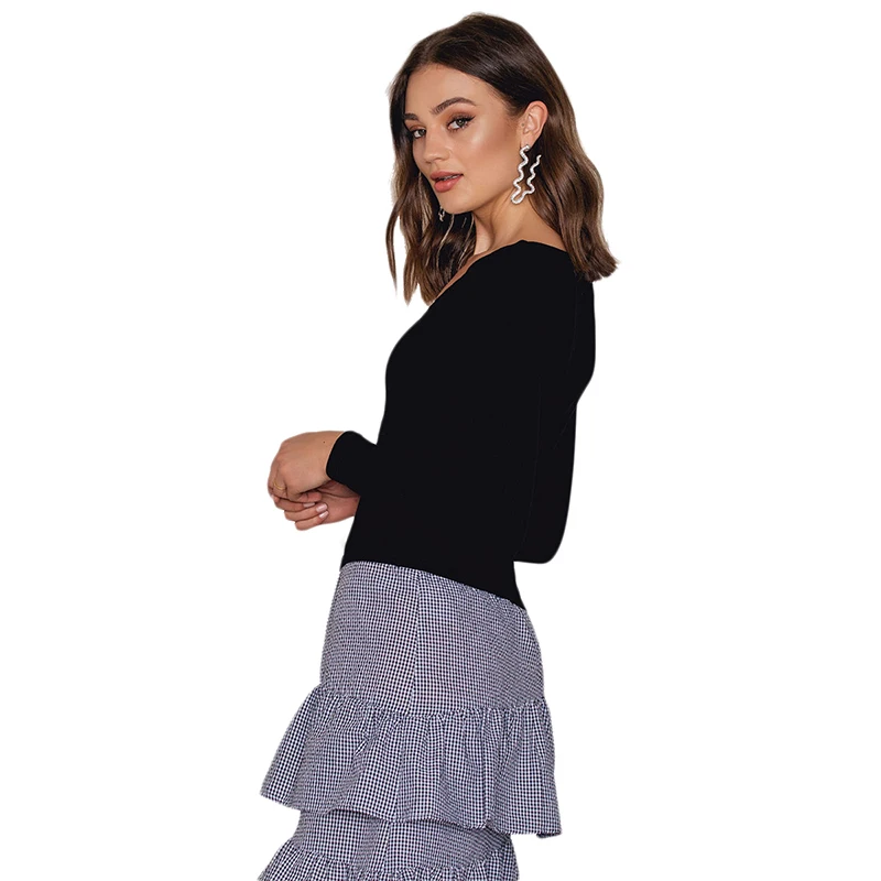 HDY Haoduoyi Apparel Solid Black Deep V-neck Sexy Women T-shirts Hollow Out Full Sleeve Lady Tees Streetwear Causal Pullovers HDY Haoduoyi Apparel Solid Black Deep V-neck Sexy Women T-shirts Hollow Out Full Sleeve Lady Tees Streetwear Causal Pullovers