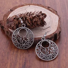 Declaración de moda bohemio Vintage étnico tibetano plata largo hueco grande redondo gota pendiente tallado pendientes colgantes de flores mujeres