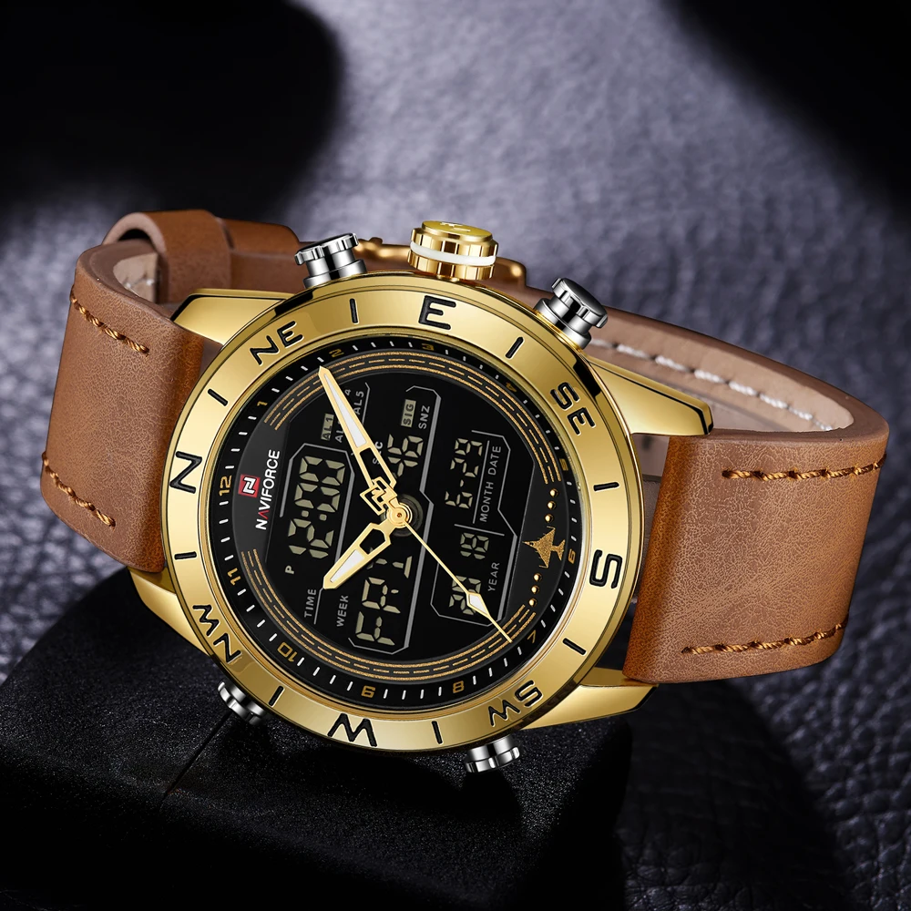  NAVIFORCE Fashion Gold Men Sport Watches Mens LED Analog Digital Watch Army Military Leather Quartz
