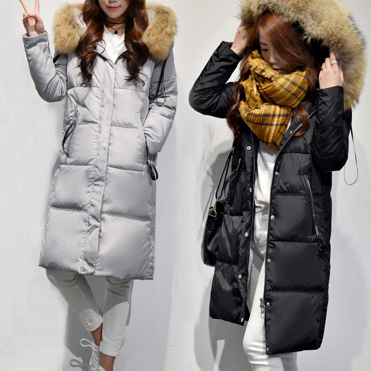 

Women's Duck Down Coat With a Hood Large Genuine Natural Real Fur Collar Thick Warm Parka Black Grey Pink XXXXXL 2XL 3XL 4XL 5XL