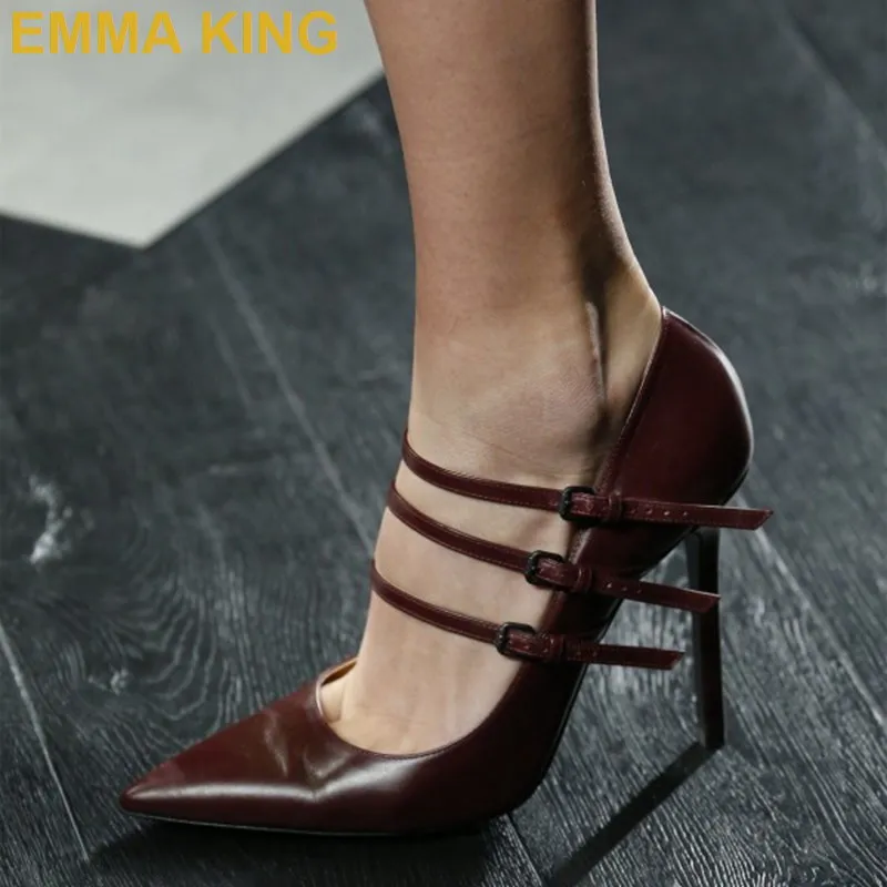 Fashion Women Stilettos Heel Pointed Toe Ankle Strap Mary Jane Pumps Plus Shoes