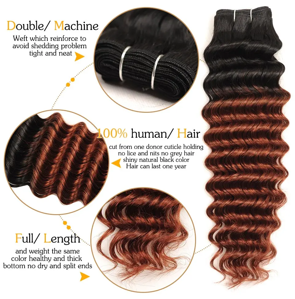 Pinshair Pre-Colored Ombre Brazilian Hair 3 Bundles With Closure T1B33 Non-Remy Deep Wave Human Hair Bundles With Lace Closure (25)