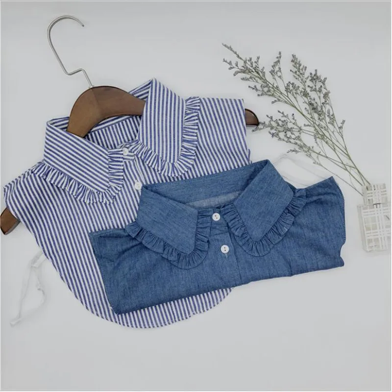

New Fashion Women Cotton Washed Cowboy Collars Lace Peter Pan Fake Shirt Detachable Collar Striped blue Jeans tie collar girls