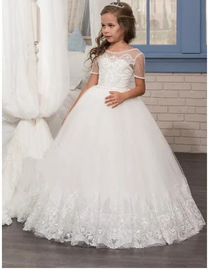 

White Ivory Puffy First Communion Dresses for Girls Ball Gown with Belt Lace Pearls Elegant Flower Girl Dress