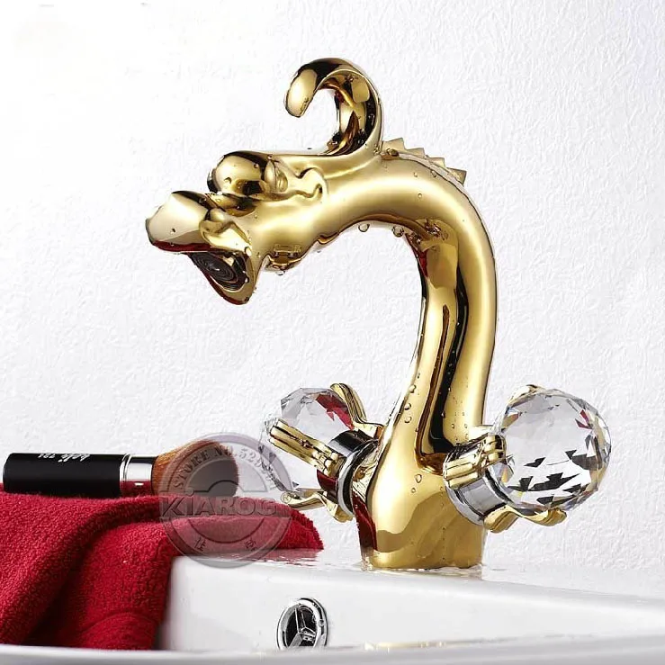 Gold color Dragon design Hot &Cold Brass Faucet.Double crystal handles