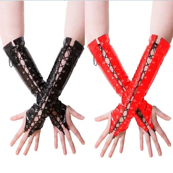 

Latex Gothic Fetish Clubwear Elbow Gloves Women's Fashion Lace Up Fingerless Gloves Black Red PVC Leather Dancing Adult