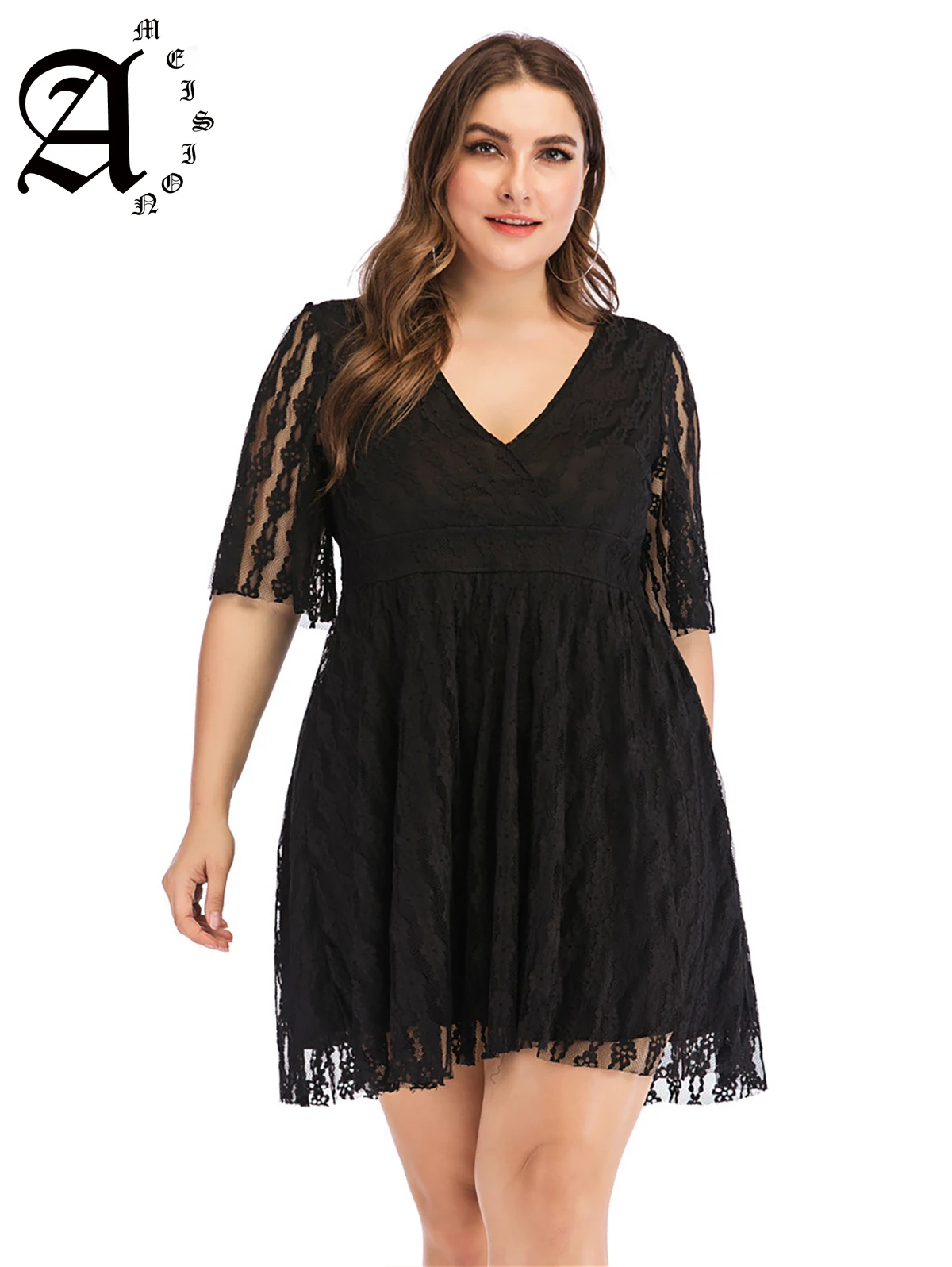 

Ameision Plus Size 5XL Women'S Lace Dress Summer V Neck Half Sleeve Backless Mini Dress High Waist A-Line Party Dresses Vestidos
