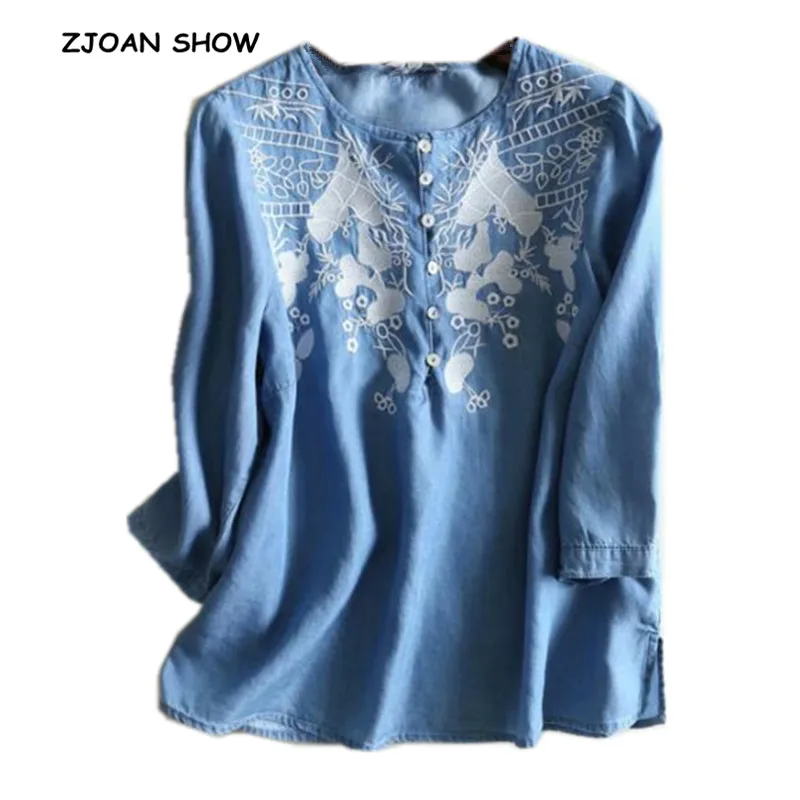 2019 Spring New Casual White Flower Embroidery Denim Shirt Blue Ethnic ...