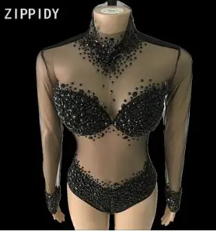 Sexy AB Rhinestones Mesh Bodysuit Birthday Celebrate Wear Female Singer Show Bodysuit Evening Prom Party Stage Wear corset bodysuit Bodysuits