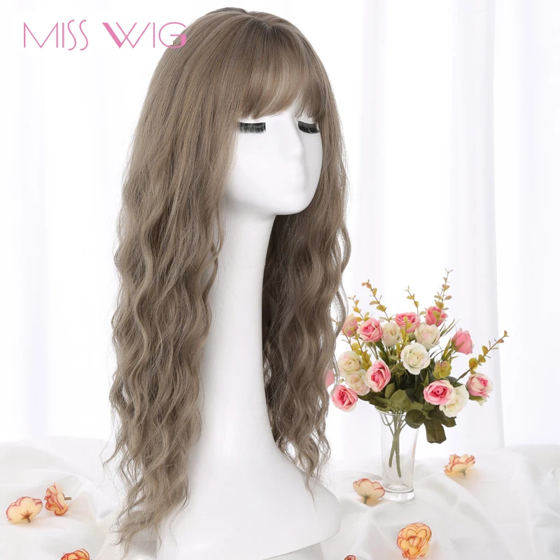MERISI HAIR 26 SLong Grey Brown Womens Wigs with Bangs Heat Resistant Synthetic Wavy Wigs for Black Women African American-+-