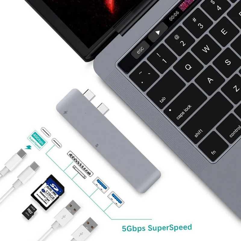 USB C концентратор для Macbook Pro 13 type C концентратор адаптер для ноутбука Dual type C To Thunderbolt 3 USB 3,0 устройство для чтения карт SD TF многофункциональный концентратор