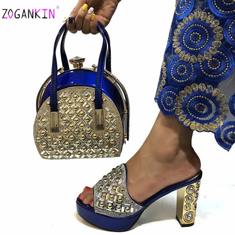 Новинка; стильные женские Элегантные Тапочки с сумочкой в комплекте; комплект из туфель на высоком каблуке и сумочки розового цвета со стразами для вечерней вечеринки - Цвет: Royal Blue