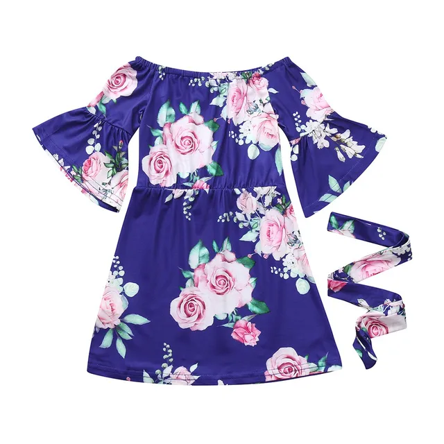 Sweet Children Girls Clothes Mommy Me Children Girls Floral Print Off Shoulder Dress+Belt Set Family Clothes Girls Dress