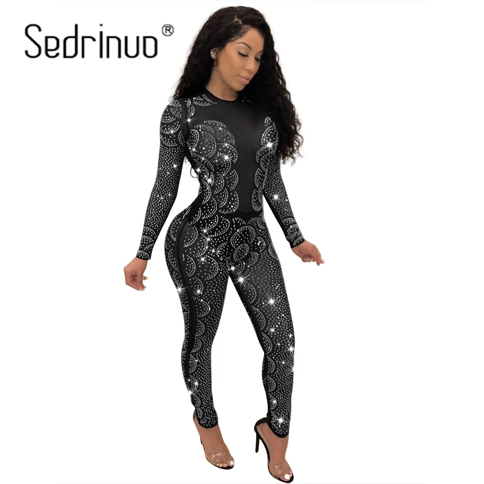 Sedrinuo Fashion Women Sequin Rhinestone Long Sleeve Jumpsuits ...