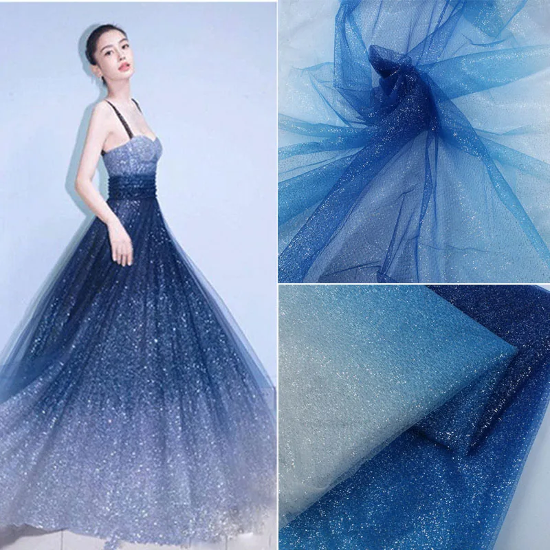 Модная мигающая Звездная ткань синий Омбре Жесткая сетка блестящая ткань вечернее свадебное платье изготовление