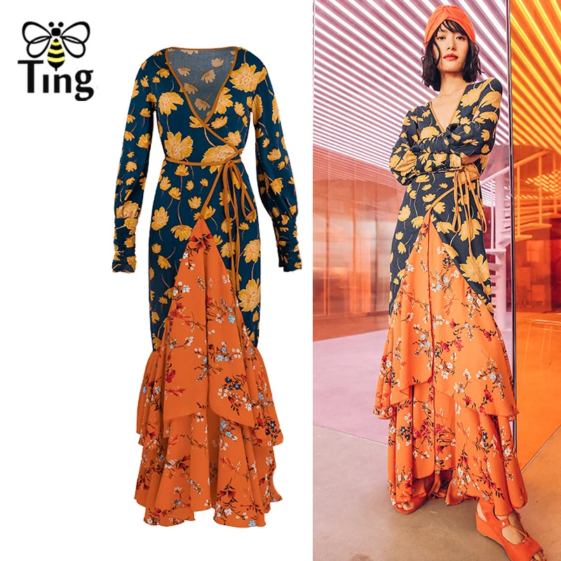

Tingfly Boho V neck Print Floral Maxi Long Dress Lady Color Patchwork Ruffles Maxi Party Dresses Vintage Designer Vestidos