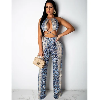 

Womens Sexy 2 Pieces Outfits Sleeveless Snake Print Crop Top Long Pants Set Clubwear 2019 New