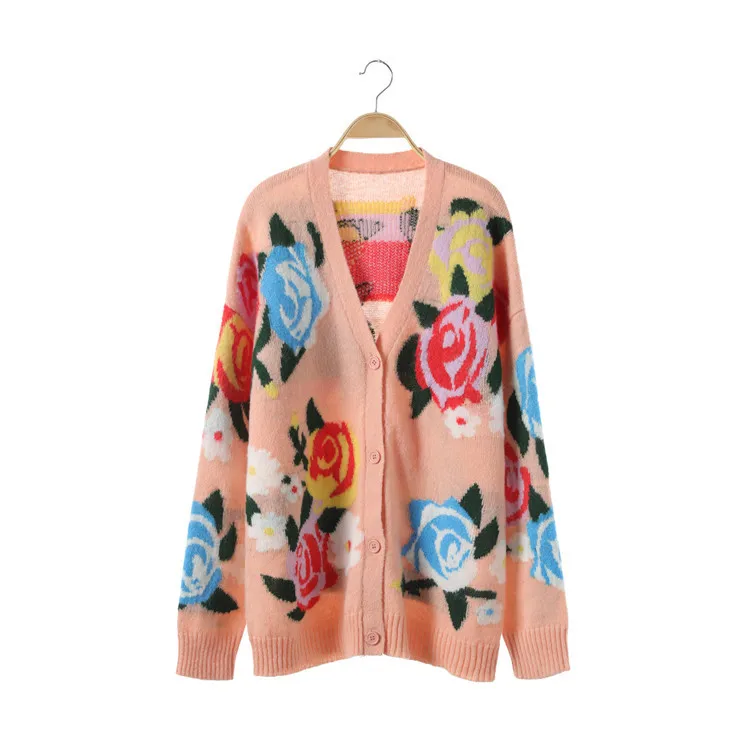 F0922 Haimao Chart Cardigan See Ma Jacquard Roses Manteau Femelle Lâche Tricoté Nouvelle 0PwOCqzx