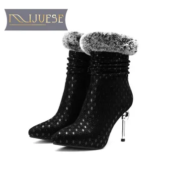 

MLJUESE 2019 women Mid-calf boots Kid Suede rabbit hair thin heel high heels boots winter short plush warm snow boots size 33-41