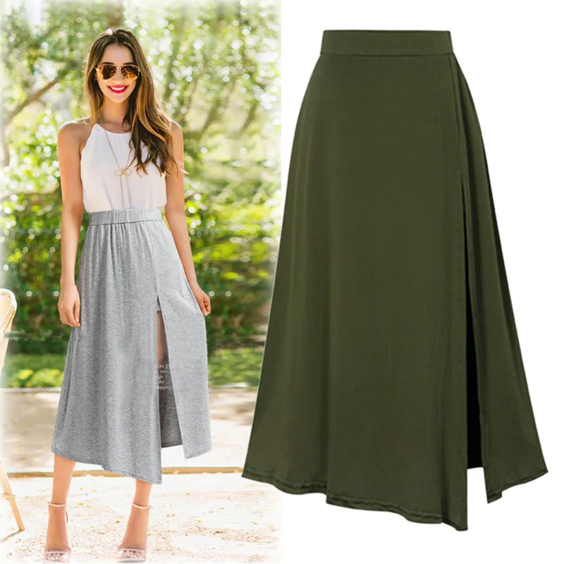 

New 2019 Summer Free Size Solid Denim Skirts Womens Casual High Waists Asymmetrical Slit Skirts