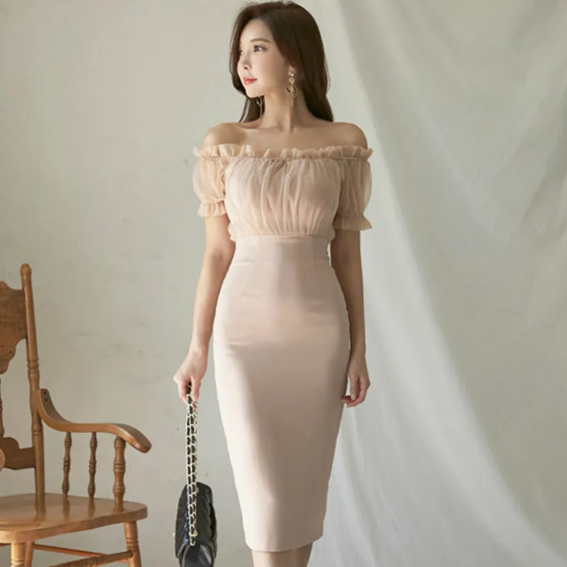 

2019 Summer Strapless Ruffles Solid Party Vestidos Women bodycon Knee-Length Sexy High Waist Dress