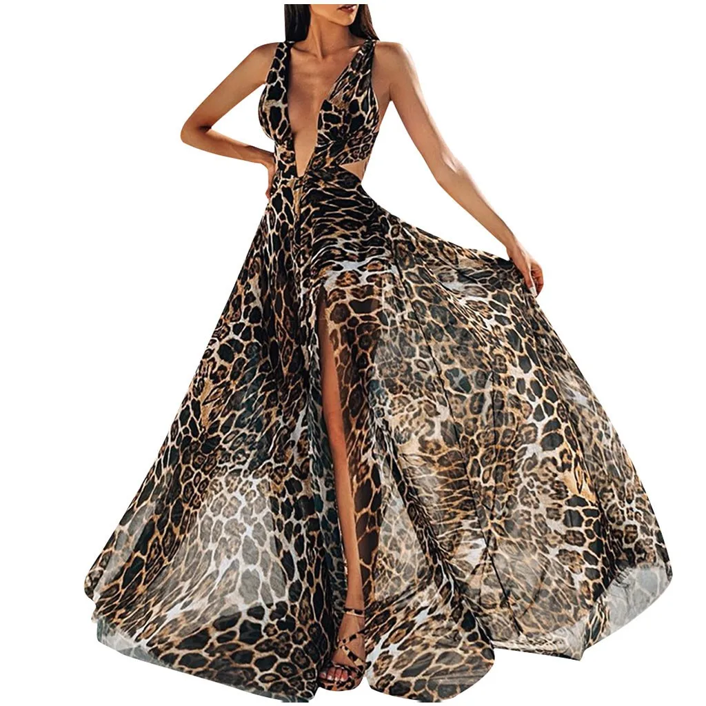 Summer Party Dress 2019 Sexy Yellow Leopard Maxi Dress Women Vintage Dresses Woman Party Night V Neck Elegant Women Long Dress Summer Party Dress 2019 Sexy Yellow Leopard Maxi Dress Women Vintage Dresses Woman Party Night V Neck Elegant Women Long Dress