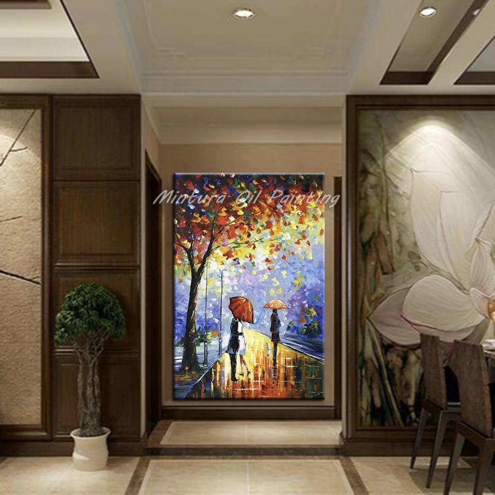 Kaufen Gerahmte Große Hand bemalt Abstrakten Moderne Wand Malerei Regen Baum Straße Palette Messer Ölgemälde Auf Leinwand Wand Art Home decor