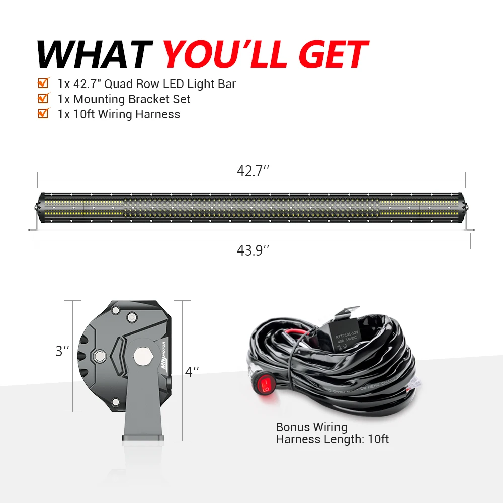 MICTUNING M2 42'' LED Light Bar Quad Row Combo Bar Off Road Car Driving Work Light Bar Wiring Harness for J-eep ATV Truck Boat