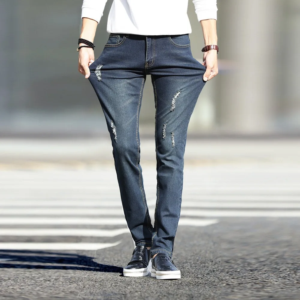 2017 New Men Button Fly Ripped Jeans Hole Distressed Destroyed Casual Hip Hop Designer Brand Slim