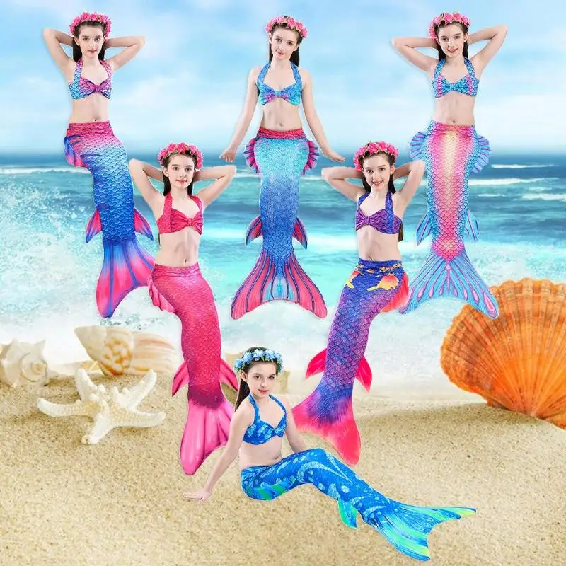 4pcs Girls Fish Tails Swimsuit Bikini Set Kids Swimwear Cosplay Costume Swimming Bathing Suit Fishtail Swimsuit For Summer