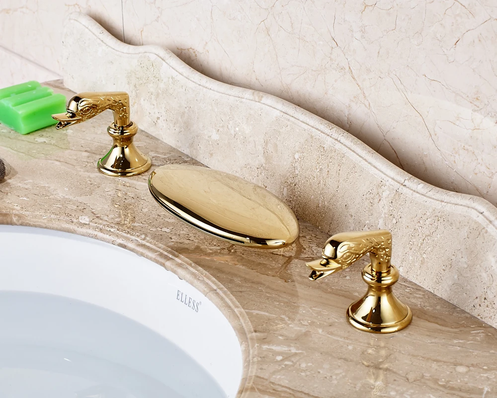

Widespread 3pcs Deck Mounted Bathroom Sink Faucet With Dual Handle Gold Finished