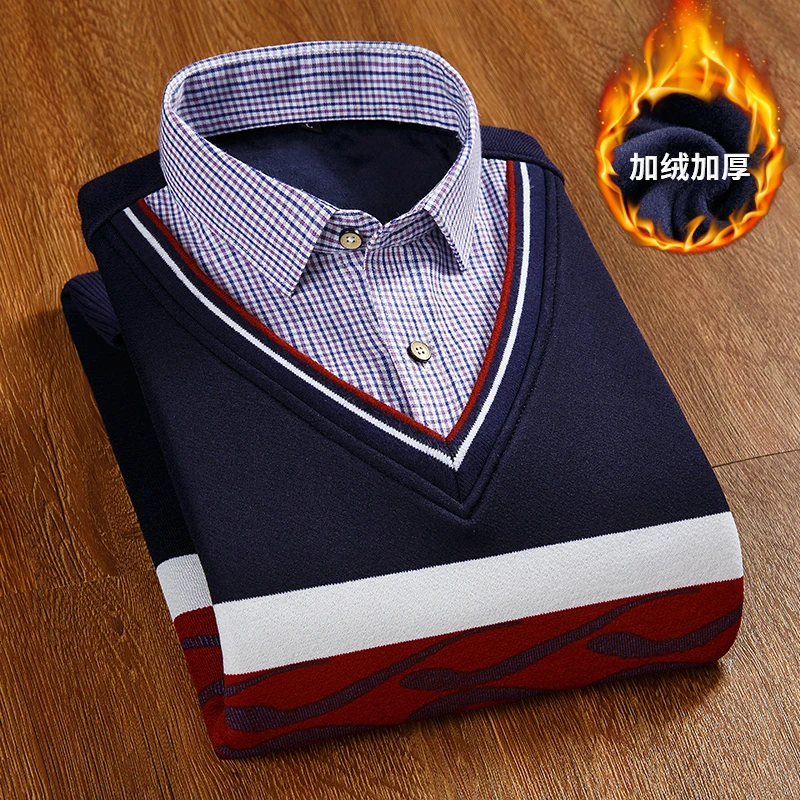 2018 Winter New Fashion Plush Thick Long Sleeves Fake Two Pieces Weather Male Young Korean Warm Shirt Collar Knitted Outwear