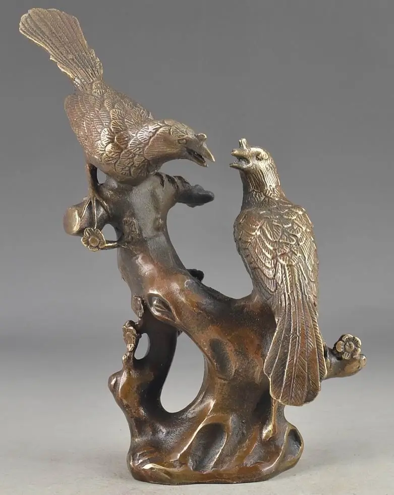 

CHINESE BRASS OLD TWO BIRDS TREE VIVID WONDERFUL STATUE DECOR
