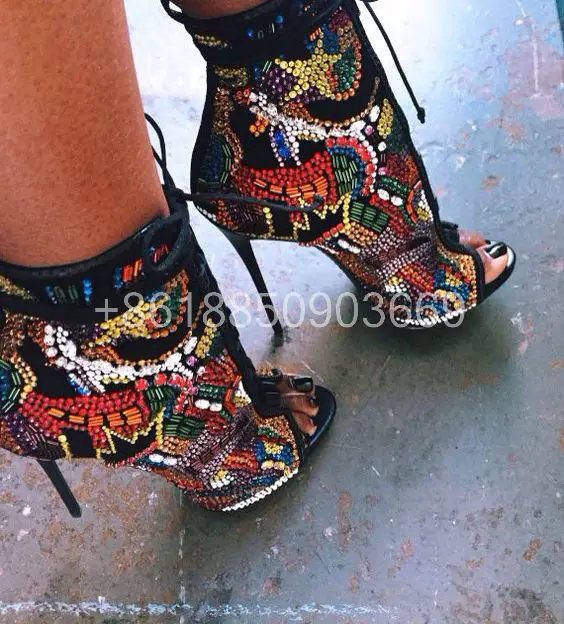 

Gorgeous Black Back Zipper Lace up Ankle Boots for Women Rhinestone Decoration Fashion Booties