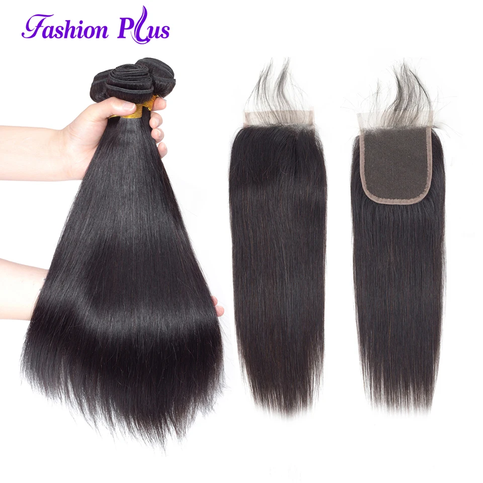 

Fashion Plus 3 Bundles Brazilian Straight Hair Bundles With Closure Remy Hair Weave Bundle Free Part Lace Closure With Baby Hair