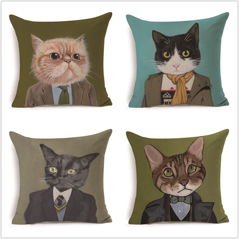 

FOKUSENT New Design Animal Anthropomorphic Cute Cat in Clothes Factory Custom Linen Print Square Cushion Cover pillow case 2018
